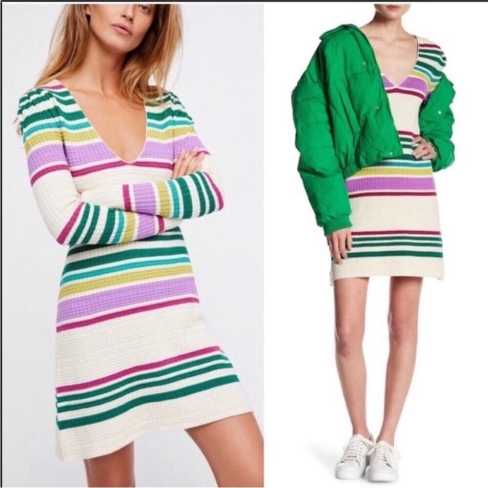 Free People Gidget Striped Knit Waffle Texture Long Sleeve Sweater Dress Small